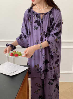 紫色新中式国风绵绸睡衣春秋季长袖复古家居服柔软亲肤棉绸套装夏
