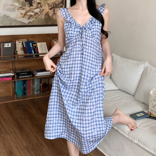 夏季薄款棉绸带胸垫防凸点睡裙