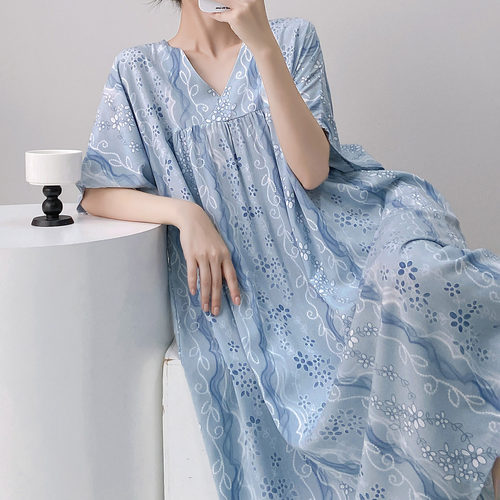 短袖棉绸睡裙女夏薄款宽松大码