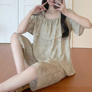 方领防凸点棉绸睡衣套装女夏季薄款短袖短裤可外穿绵绸家居服大码