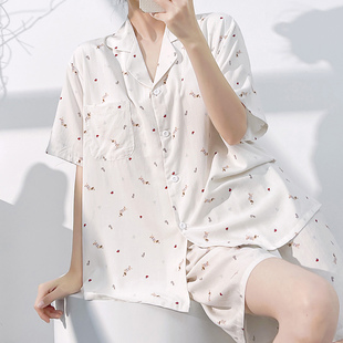 甜美少女风棉绸睡衣女夏季短袖防凸点衬衫领印花家居服带胸垫套装