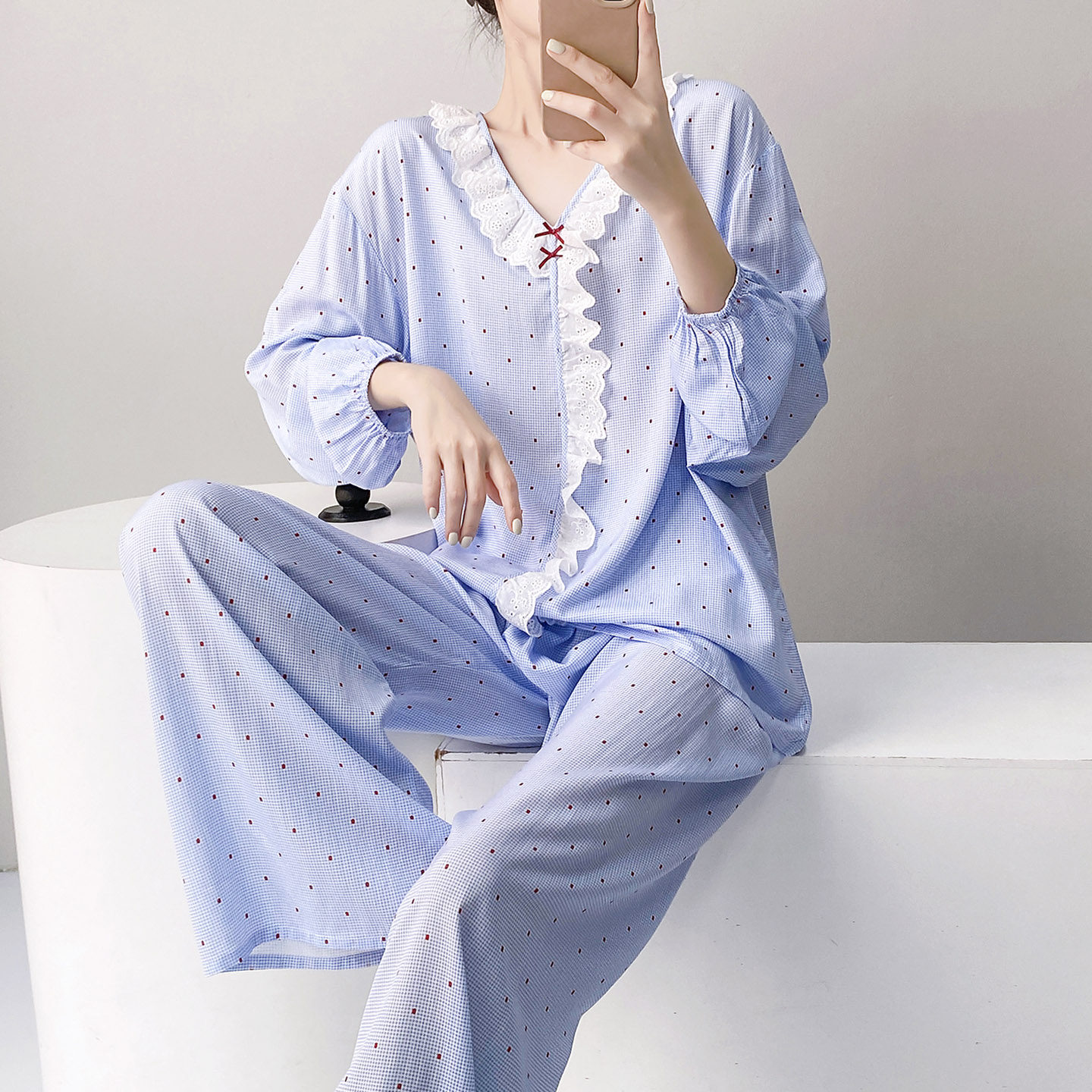 棉绸睡衣女春夏季甜美风波点花边家居服长袖甜美少女人造棉套装薄