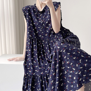 棉绸无袖碎花睡裙女夏季藏蓝色圆领宽松透气显瘦家居服长裙可外穿