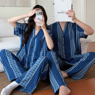 情侣睡衣女夏季薄款棉绸短袖开衫长裤可外穿家居服男士高级感套装