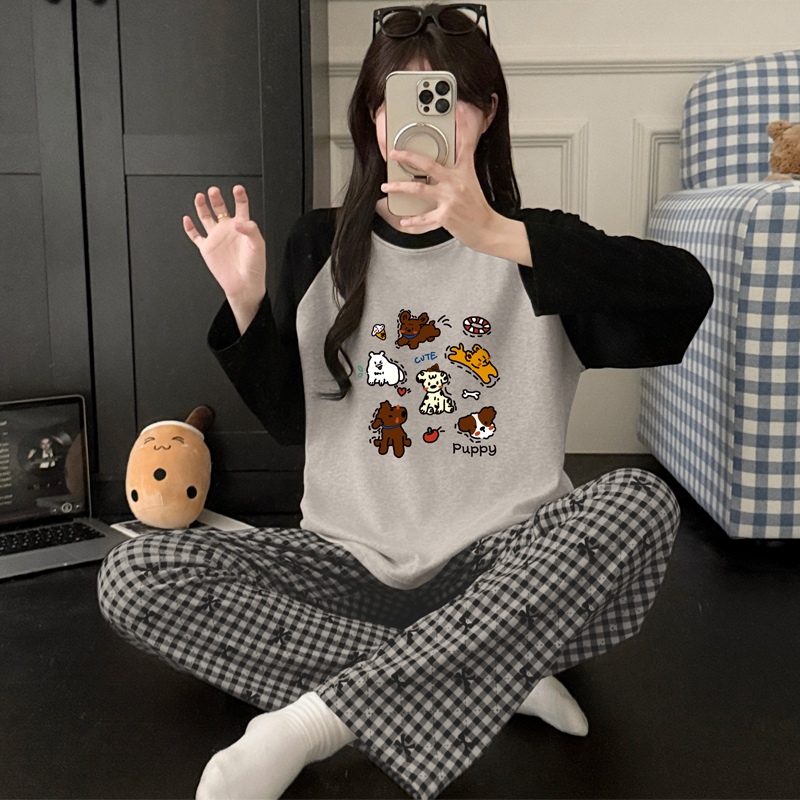 2025新款纯棉卡通小狗格子裤睡衣套装女长袖日常家居服可外穿春秋