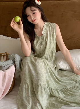 森系无袖系带长裙女夏季绿色度假风显瘦高级感睡裙甜美气质绵绸裙