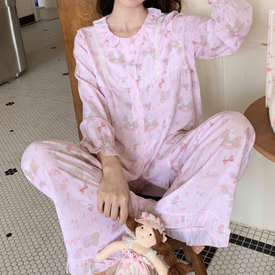 卡通小马莱赛尔棉绸睡衣女长袖长裤荷叶边可爱家居服开衫套装薄款