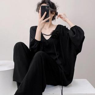 长袖 棉绸高级感宽松绵绸睡衣家居服可外穿国风夏 睡衣女春秋季 大码