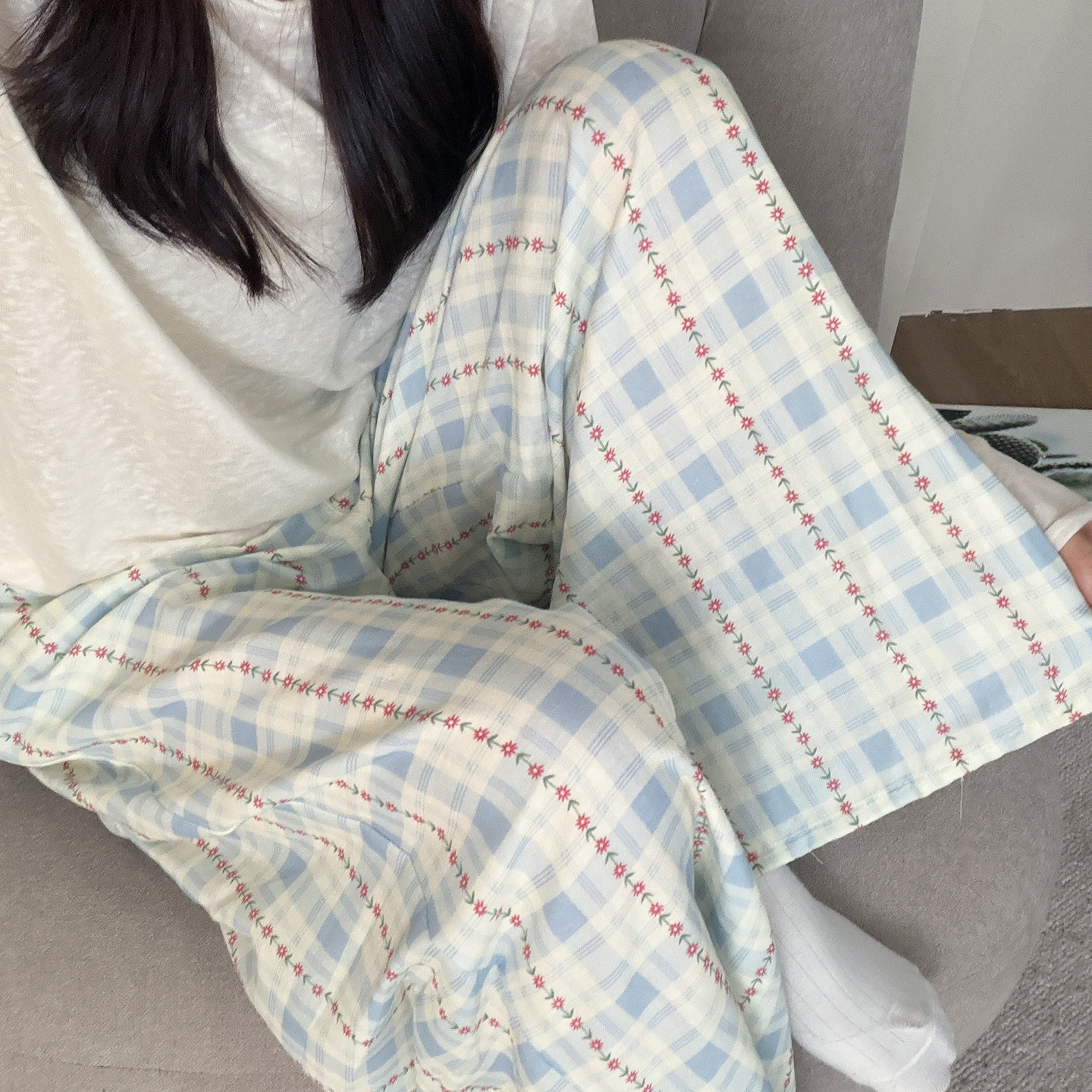 26新棉纱双层甜美日系格子印花睡裤女棉质长裤显瘦直筒休闲家居裤