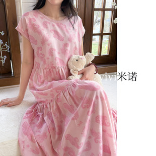 甜美风短袖棉绸睡裙女夏季中长款粉色圆领气质家居服可外穿绵绸裙