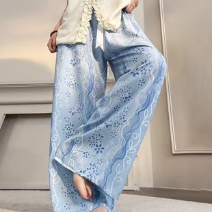 夏季轻薄透气高腰阔腿裤女甜美高级感绵绸凉凉裤印花长裤居家裤子