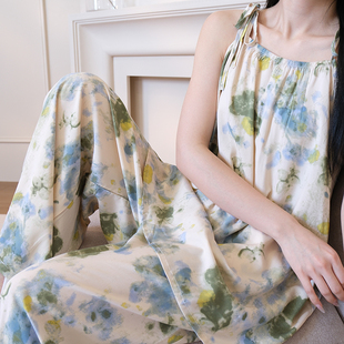 夏季 套装 薄款 水墨印染裙裤 棉绸睡衣女可外穿家居服薄款 2025年新款