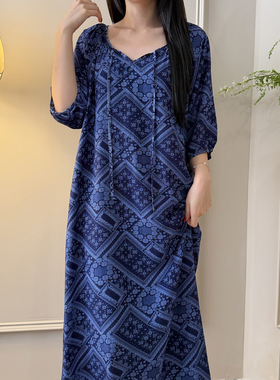 夏季系带中袖格子睡裙女深蓝色中长款家居服睡衣裙可外穿棉绸长裙