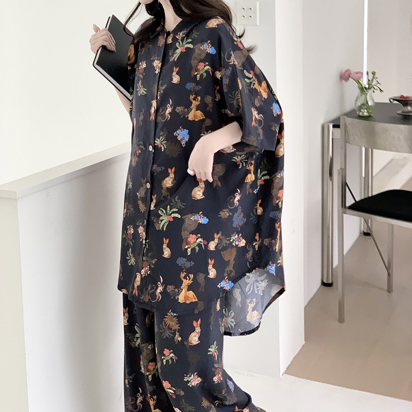 春季女士卡通兔子印花睡衣短袖长裤绵绸慵懒风可外穿家居服套装薄