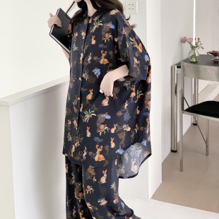 春季女士卡通兔子印花睡衣短袖长裤绵绸慵懒风可外穿家居服套装薄