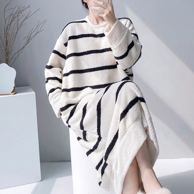半边绒睡裙女冬加厚长款条纹保暖发热宽松家居服可外穿简约高级感