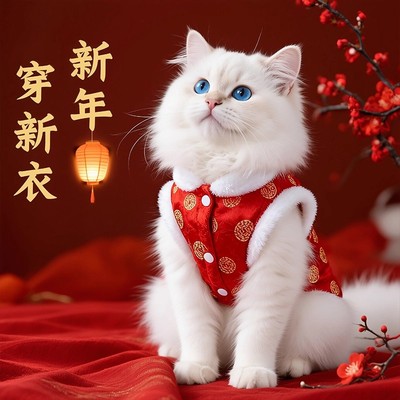 猫咪衣服秋冬新年加厚保暖棉衣拜年马甲布偶小猫狗狗加绒喜庆唐装
