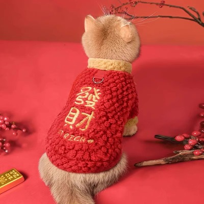 猫咪衣服秋冬款保暖防掉毛宠物加绒新年喜庆布偶蓝猫银渐层拜年服
