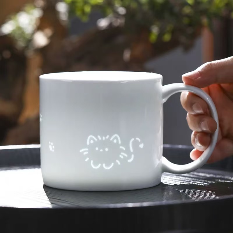 景德镇陶瓷白玲珑猫咪可爱马克杯新人结婚马克杯送闺蜜杯子伴手礼