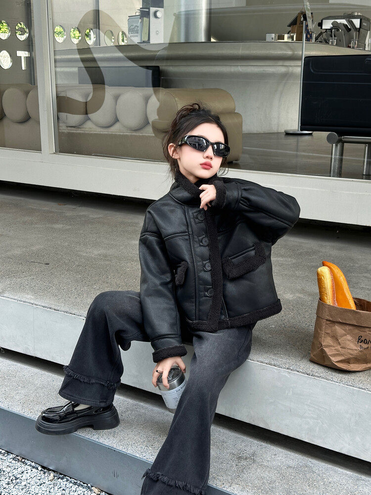 ZHONGDA 여아 봄 가을 겨울 코트 여아 및 아동복 벨벳 및 두꺼운 가죽 자켓 코트 트렌디하고 스타일리시한 8세 및 9세