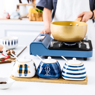 创意手绘釉下彩日式陶瓷调味罐套装厨房调料罐盐罐饭馆家用调味盒