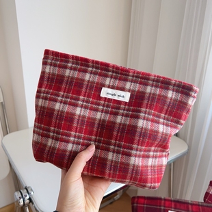 粉豆包森系喜庆ins 淑女风格子化妆包 大容量便携旅行洗漱收纳包