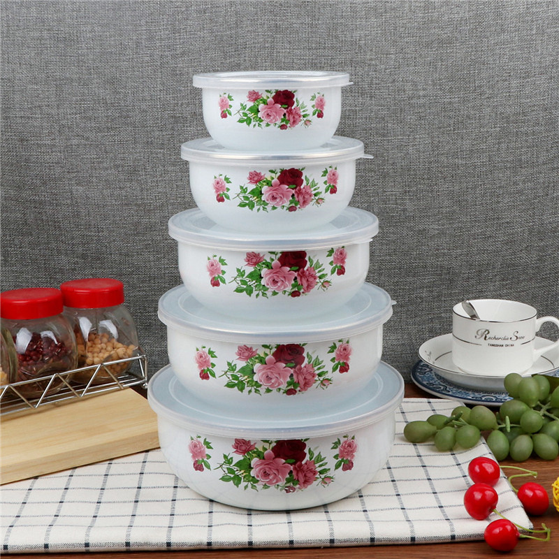 外贸搪瓷5件套碗正品搪瓷保鲜碗带盖碗冰碗搪瓷盆沙拉碗汤碗面碗