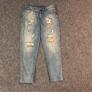 小岛微风裤欧洲站彩色铆钉烫钻水洗磨白破洞九分牛仔裤潮2024夏