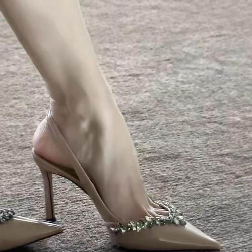 法式气质尖头裸色高跟鞋2026新款小众设计感水钻细跟凉鞋女不累脚