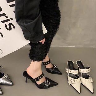 法式小众2026尖头皮带扣细跟凉鞋女后空高跟包头凉拖鞋女春夏外穿
