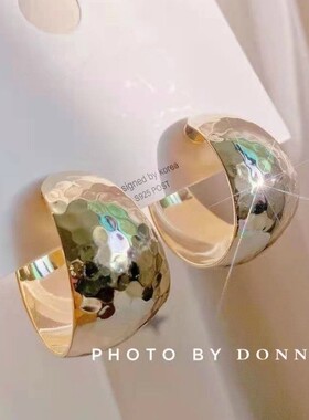 港式宽面C形耳圈14K包金复古波光圆圈耳环ins明星同款耳饰925银针