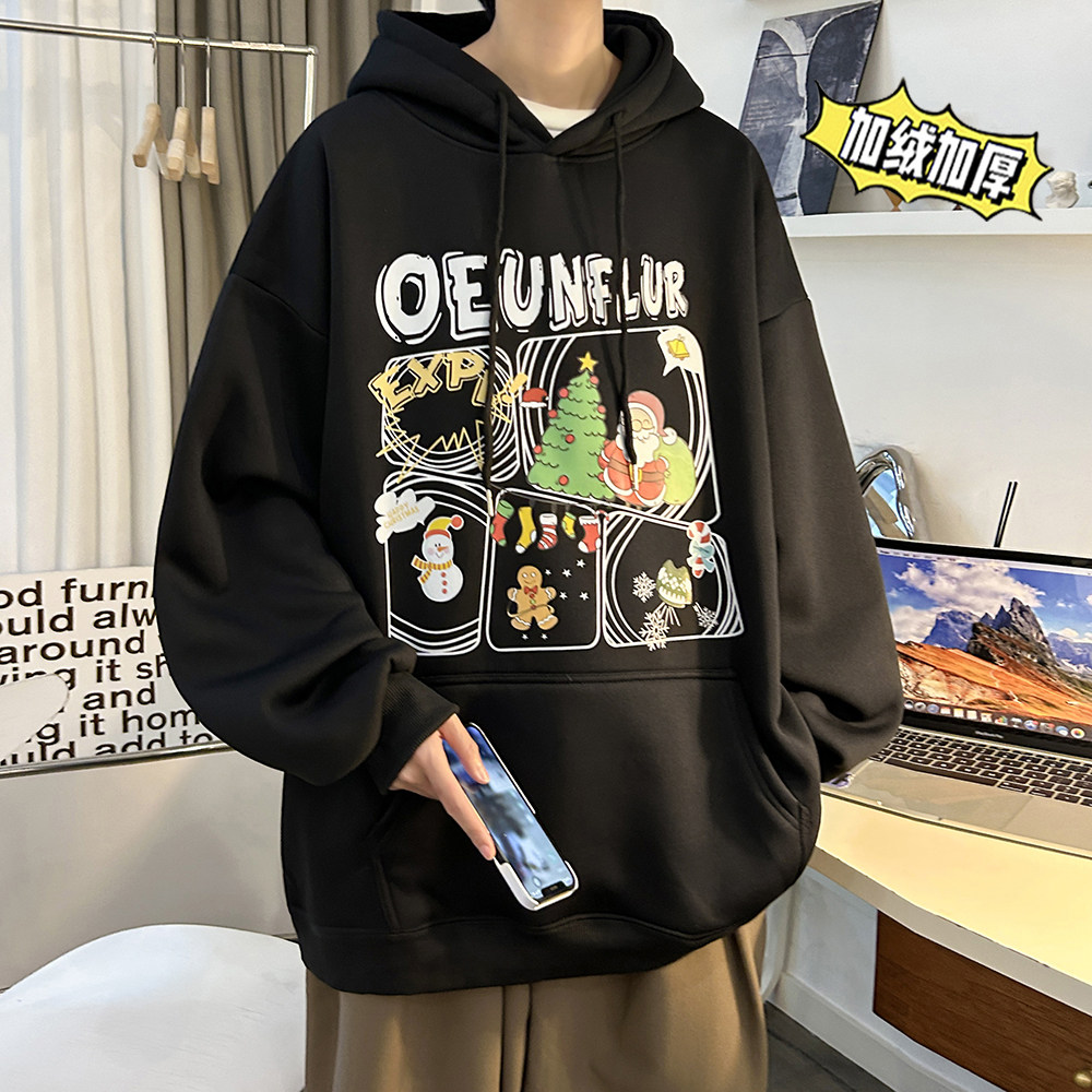 圣诞系列 冬装加绒加厚  潮牌卡通宽松连帽印花卫衣外套 W666-P50图片