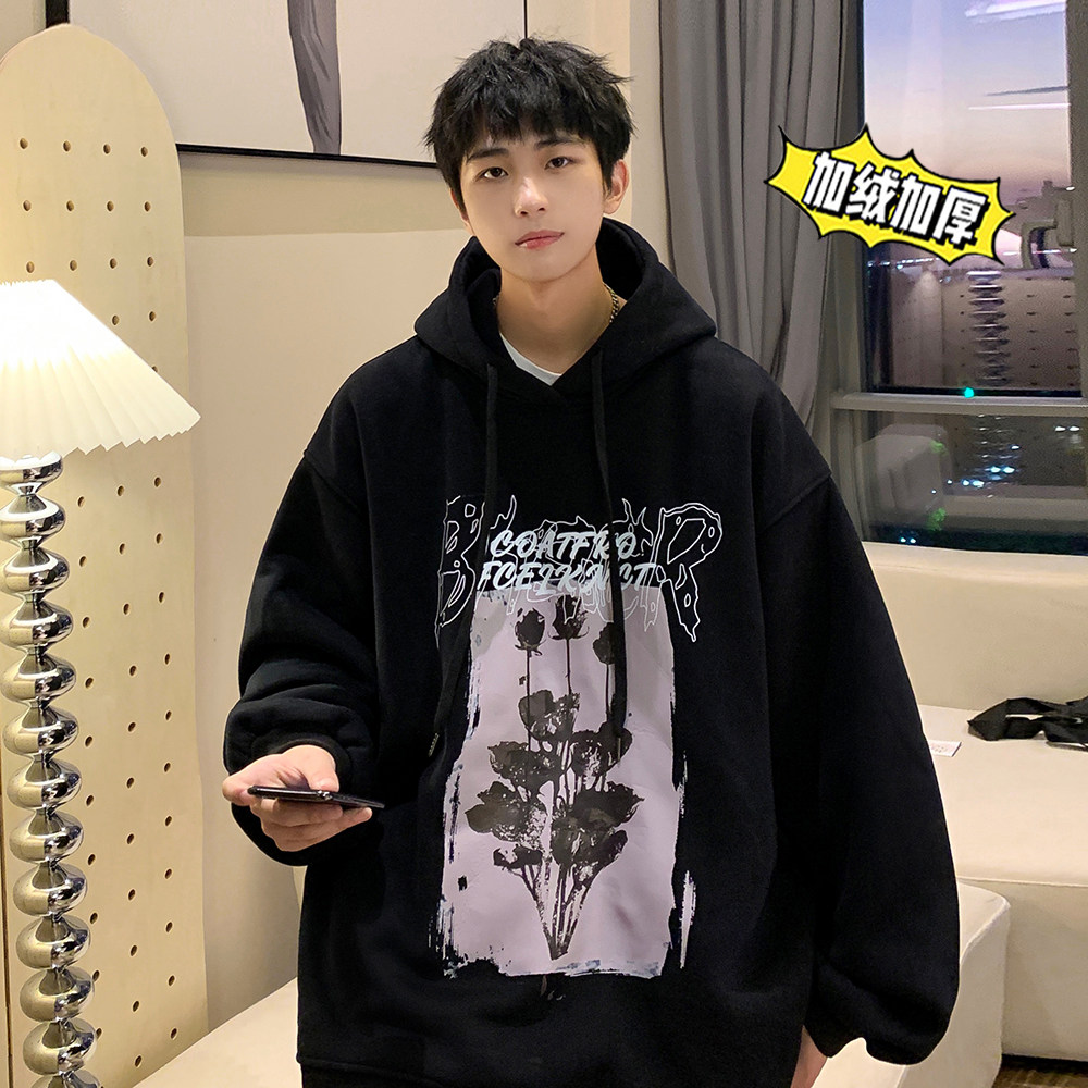 500g重磅冬装加绒加厚潮牌美式宽松连帽印花卫衣外套W636-P50,男装卫衣,电商A486