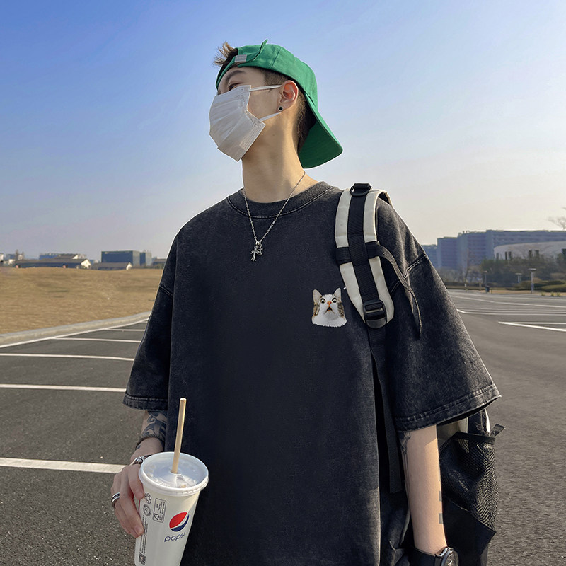 重磅水洗纯棉直播有280克美式潮牌蜡染印花宽松短袖t恤T730-P35,男装T恤,电商A486