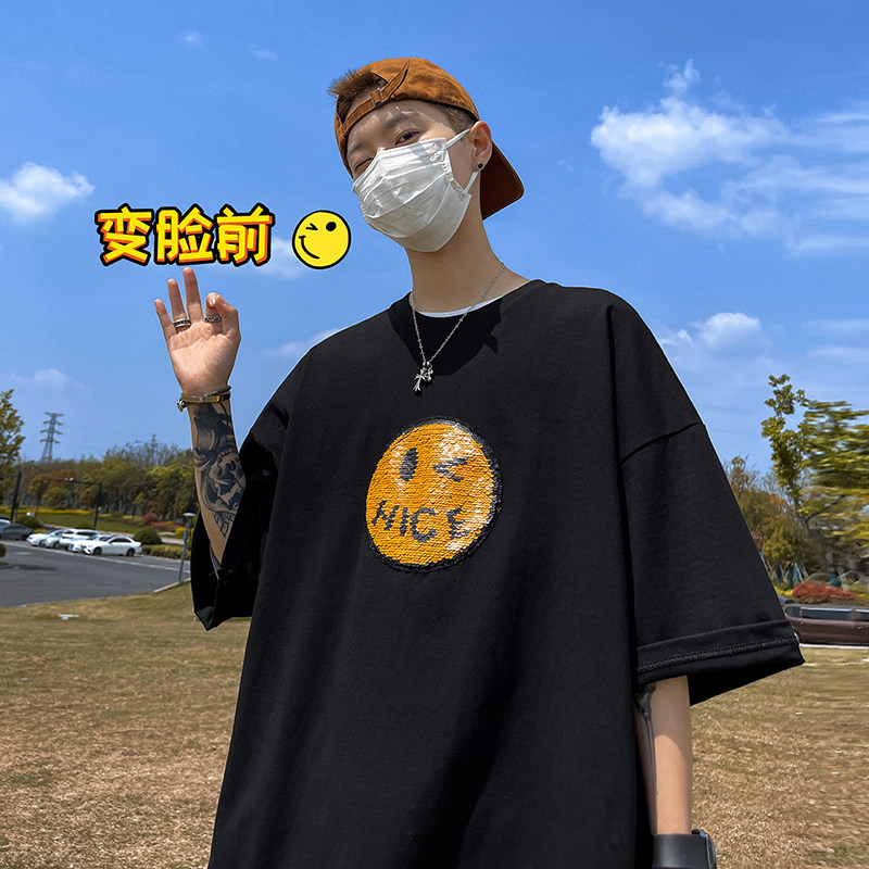 抖音 变脸珠片工艺 280克重磅美式潮牌宽松短袖t恤T782-P40图片