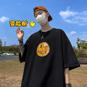 抖音 变脸珠片工艺 280克重磅美式潮牌宽松短袖t恤T782-P40图片
