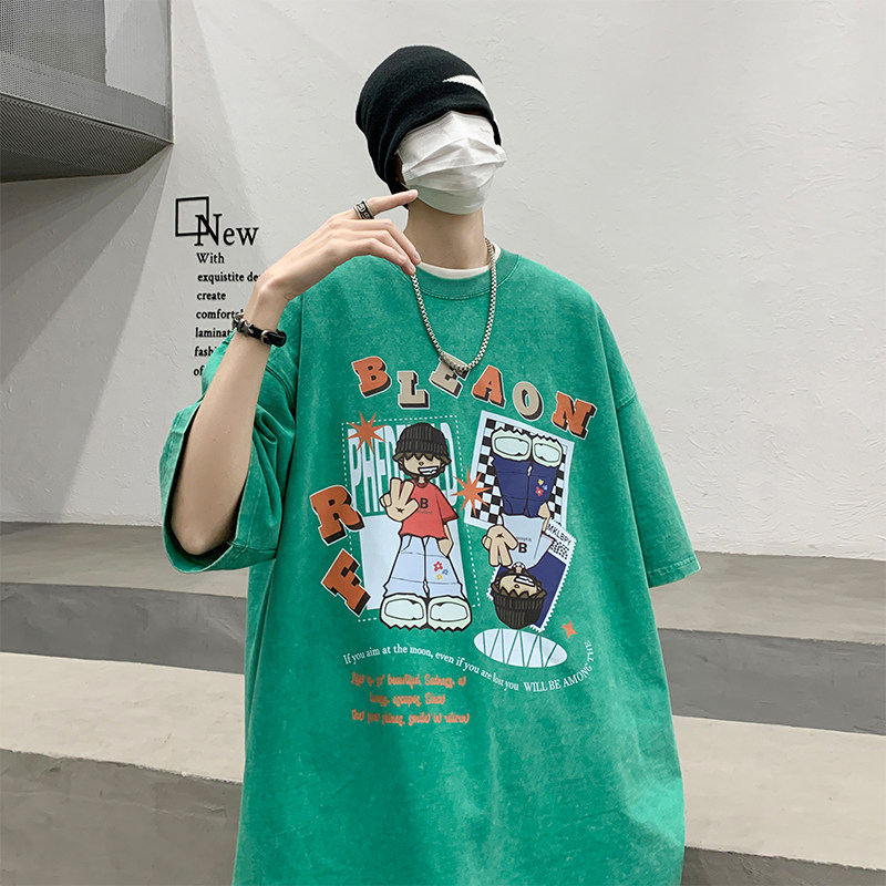 重磅纯棉 直播品质 美式复古卡通蜡染水洗做旧宽松短袖t恤T717P35图片