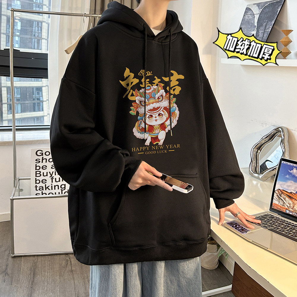 兔年系列冬装加绒加厚潮牌卡通宽松连帽印花卫衣外套W685-P50,男装卫衣,电商A486