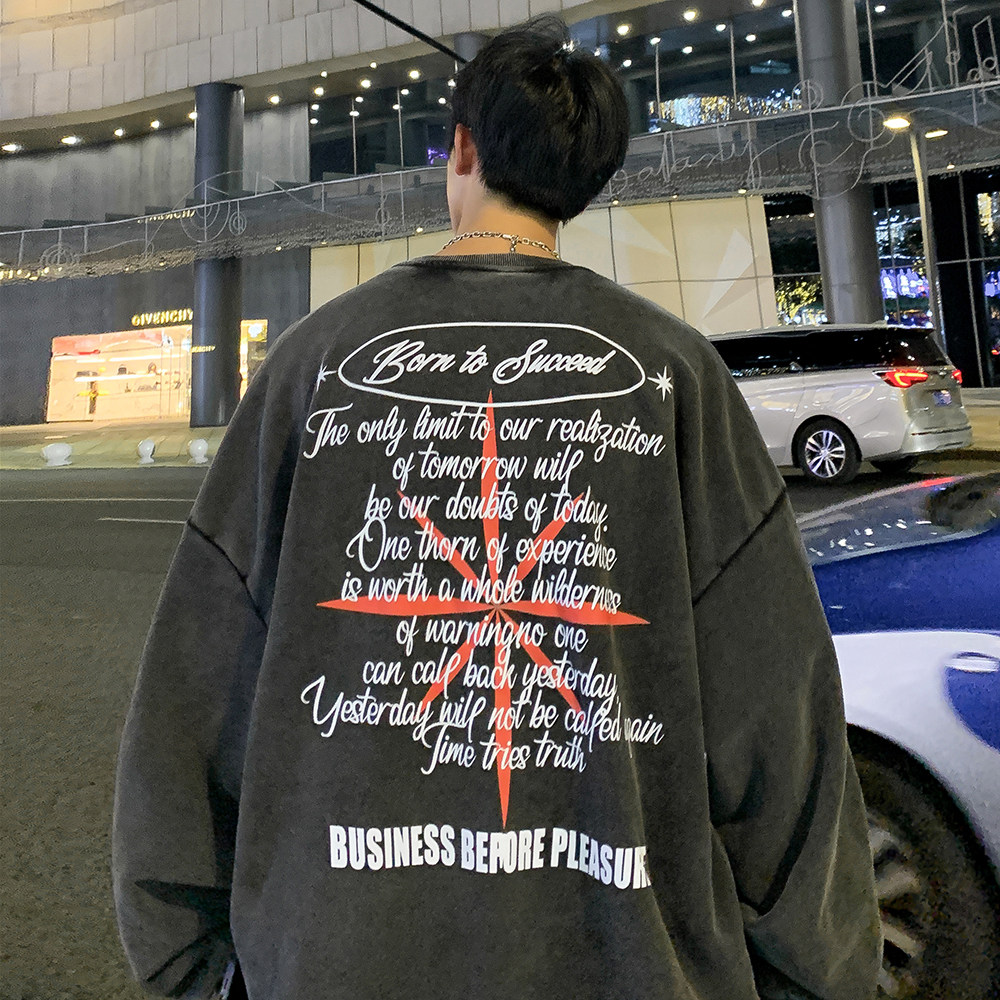 2023春装美式嘻哈做旧水洗复古印花潮流圆领卫衣外套W312-P60,男装卫衣,电商A486