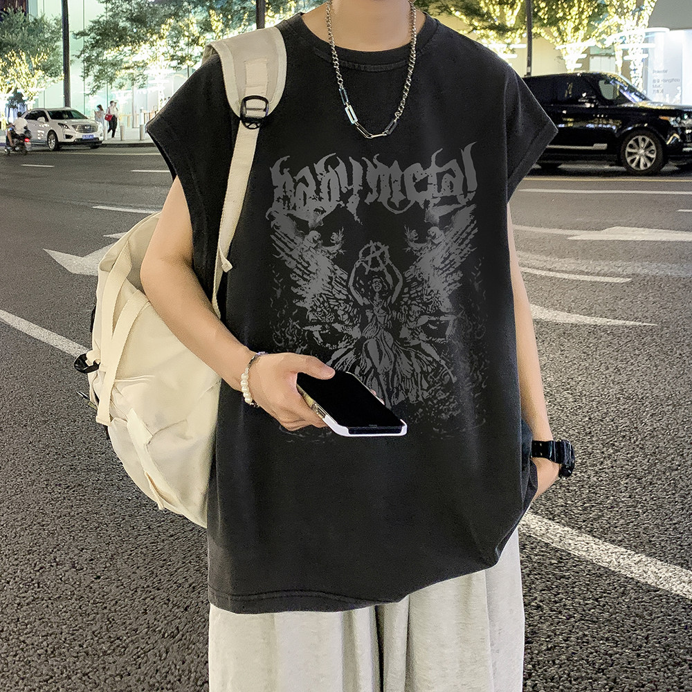 2023夏装新款美式暗黑水洗做旧潮牌无袖t恤背心BX661-P35,男装T恤,电商A486