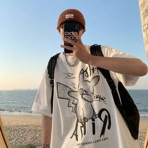 Y901-P25潮牌嘻哈印花宽松短袖t恤男2023夏装韩版ins半袖上衣体恤图片