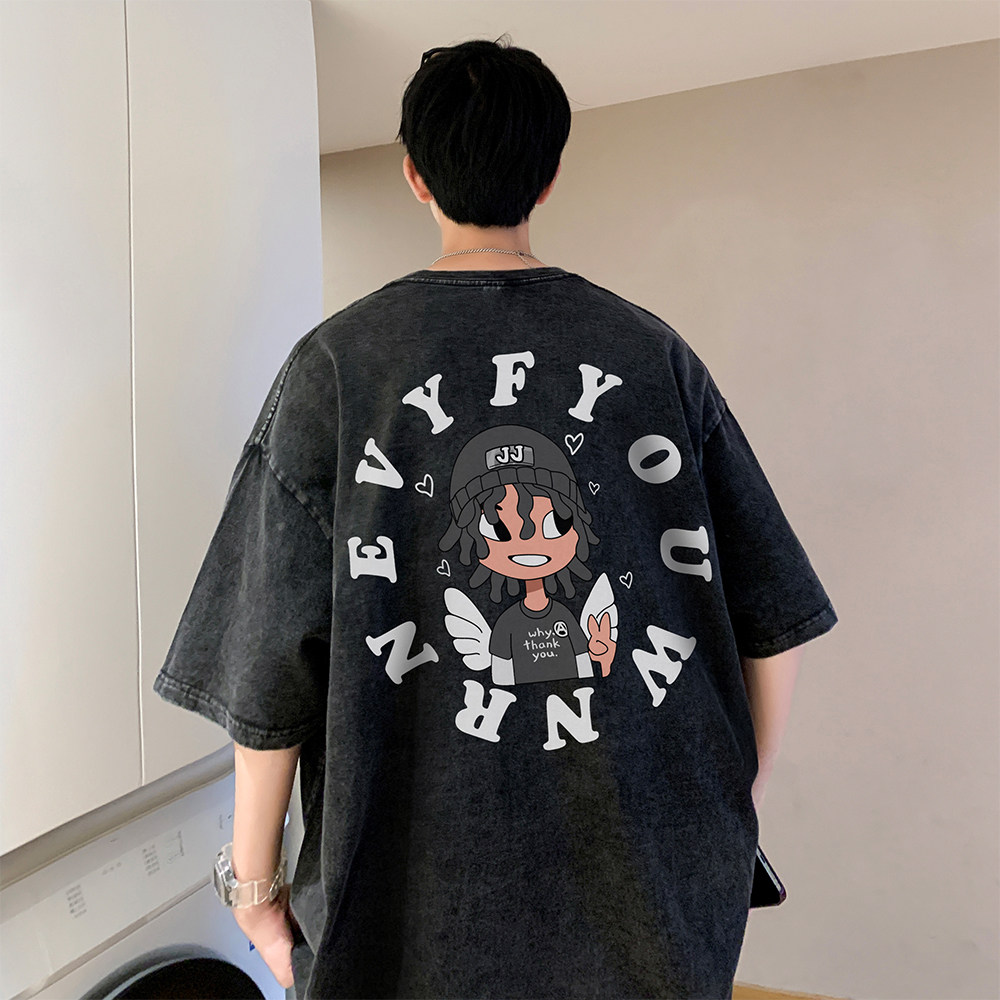 重磅纯棉抖音品质美式卡通蜡染水洗做旧潮牌宽松短袖t恤D129P35,男装T恤,电商A486