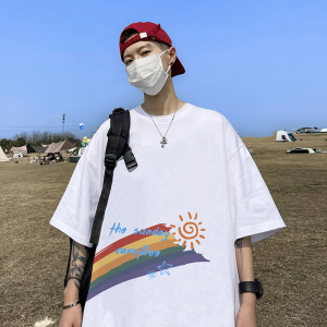 彩虹短袖t恤男夏季宽松圆领小领口oversize重磅潮牌潮流情侣半袖图片