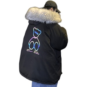 冬装新款韩版印花小熊棉衣外套加厚带毛领连帽棉服 Y862-P128图片