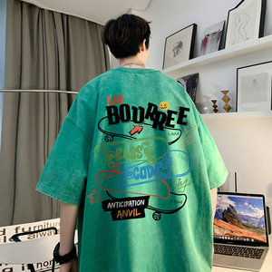 数据超好 重磅抖音品质 美式复古蜡染水洗做旧宽松短袖t恤T968P38图片