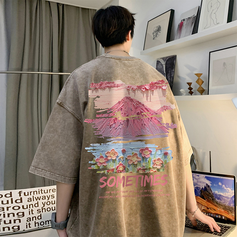 数据超好重磅抖音品质美式复古蜡染水洗做旧宽松短袖t恤T962P38,男装T恤,电商A486