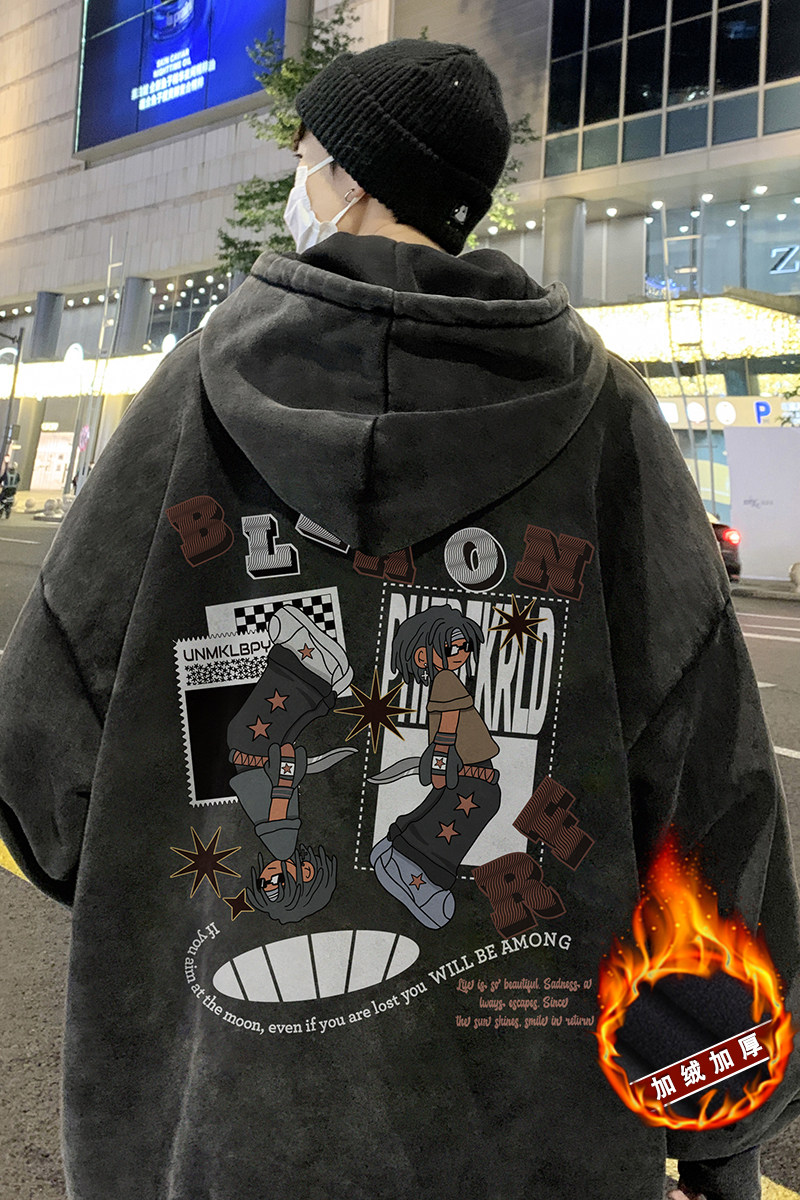 欧美式高街做旧水洗复古印花潮流连帽卫衣外套W557常规P65加绒P75,男装卫衣,电商A486