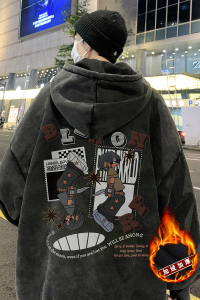 欧美式高街做旧水洗复古印花潮流连帽卫衣外套W557常规P65加绒P75图片