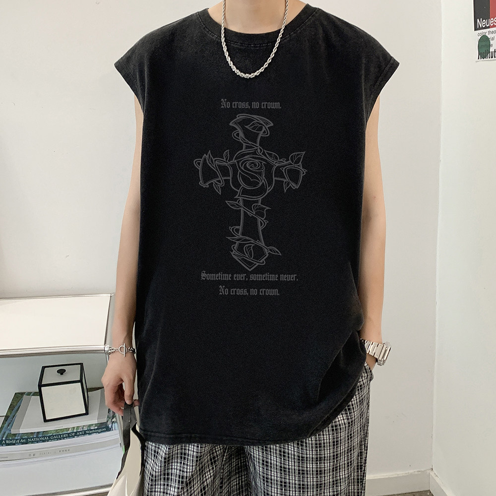 抖音品质数据超好美式暗黑水洗做旧潮牌无袖t恤背心BX660-P35,男装T恤,电商A486