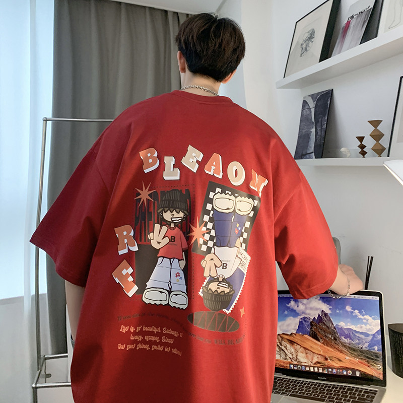 重磅纯棉直播有280克双纱美式潮牌卡通印花宽松短袖t恤T723P25,男装T恤,电商A486